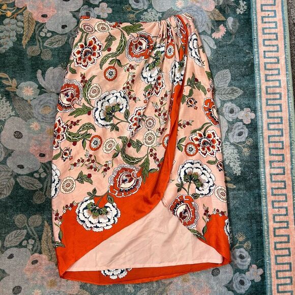 Ann Taylor Floral Drape Midi Skirt sz 8 Orange Peach Faux Wrap Satin Pencil Pink - Picture 4 of 13